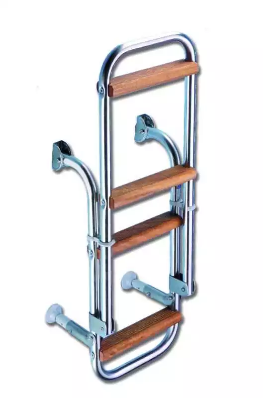 Echelle de bain inox 4 marches en bois 2 + 2 marches tube 25 mm H 105 cm Larg 285 mm