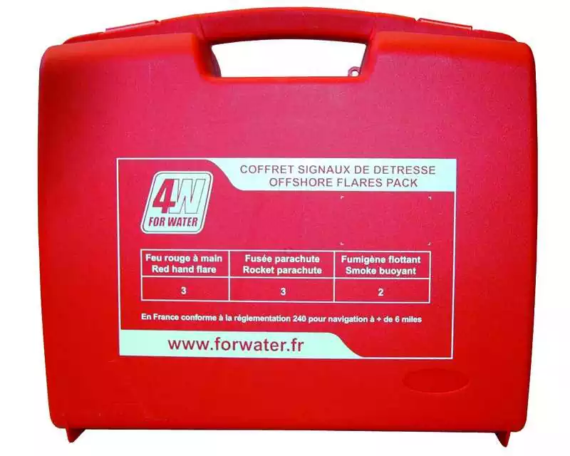 Coffret hauturier plus de 6 milles 3 feux à main rouges 3 fusées parachute 2 fumigènes flottants
