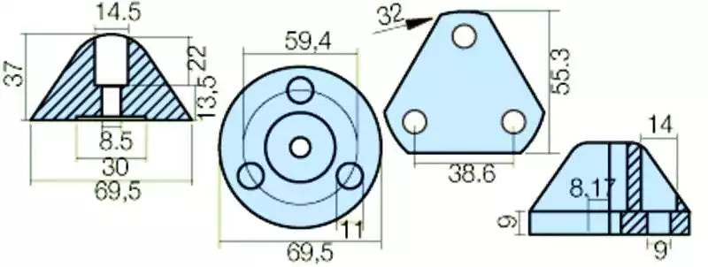 Anode zinc pour hélice Flex-O-Fold – Ø extérieur 70 mm – entraxe 50 mm