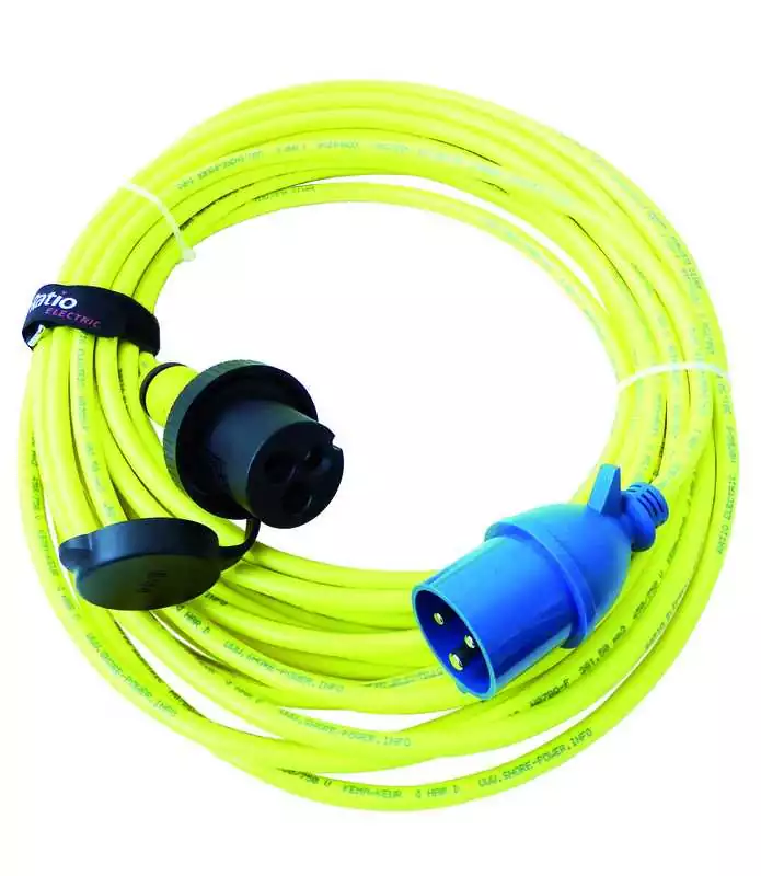 Rallonge MP32 32A 25m 3 x 4.0mm2 fiche mâle type P17 et femelle côté bateau