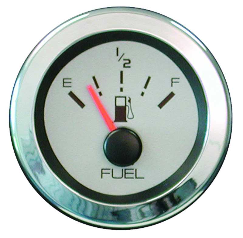 Jauge à carburant noires sur fond argenté translucide enjoliveur en inox poli 52 mm Jauge à carburant noires sur fond argenté translucide enjoliveur en inox poli 52 mm