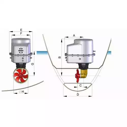 Propulseur d'étrave IP65 antidéflagrant 55 kgf 12V diametre de tuyere 150 mm