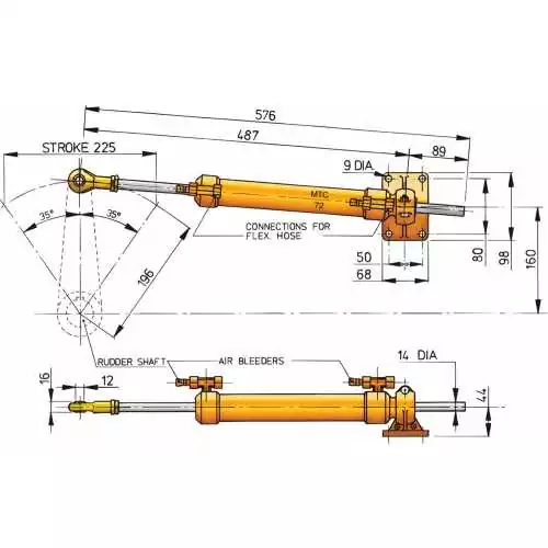 Vérin hydraulique VETUS MTC7210 – course 225 mm – raccordement tube Ø10 mm
