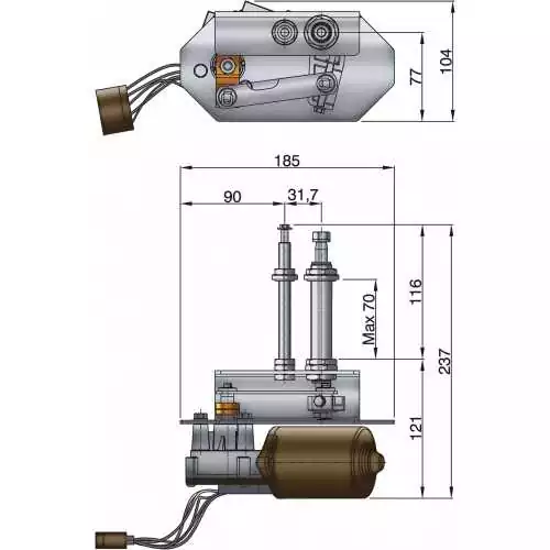 Moteur d'essuie-glaces renforcé 75W 2 vitesses avec reglage angle de balayage arbre long 24 volts