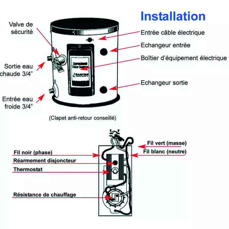 Chauffe eau 220V 45L 1250W avec échangeur moteur Diam 476mm Haut 419mm