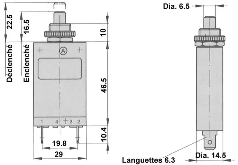 Disjoncteur unipolaire à poussoir 3A série 257 tension 250 Vca - 28 Vcc