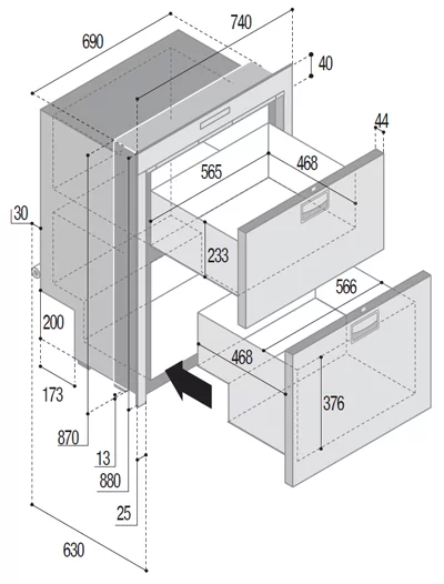Réfrigérateur inox 182L SeaDrawer DW 210 RFX OCX2 unité interne 12/24V