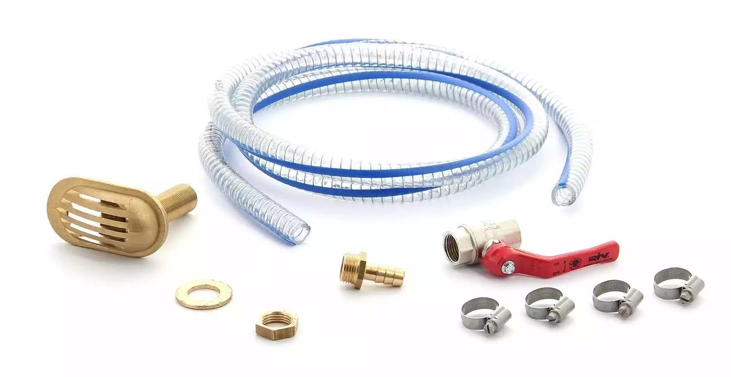 Kit pour filtre eau 25 mm avec crepine raccord annelé vanne à sphere et colliers serrage