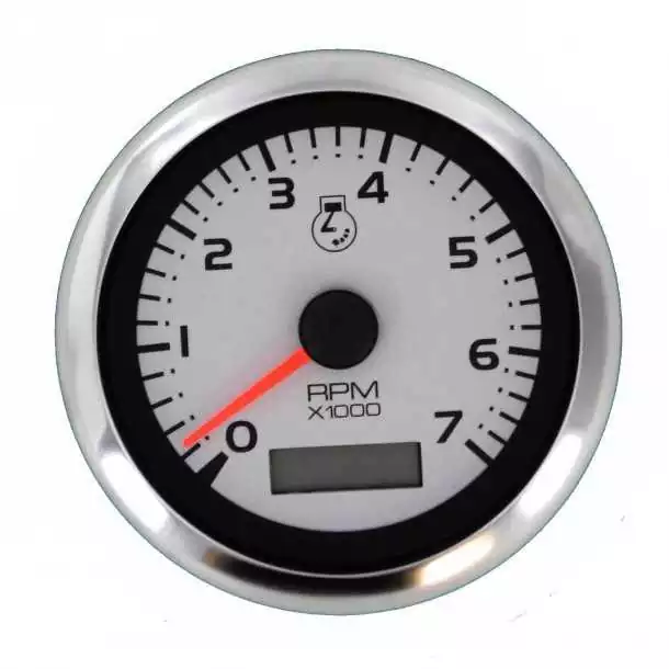 Indicateur compte-tours et horamètre 0-7000 tr/mn 85mm Emetteur Bobine ou alternateur fond argenté
