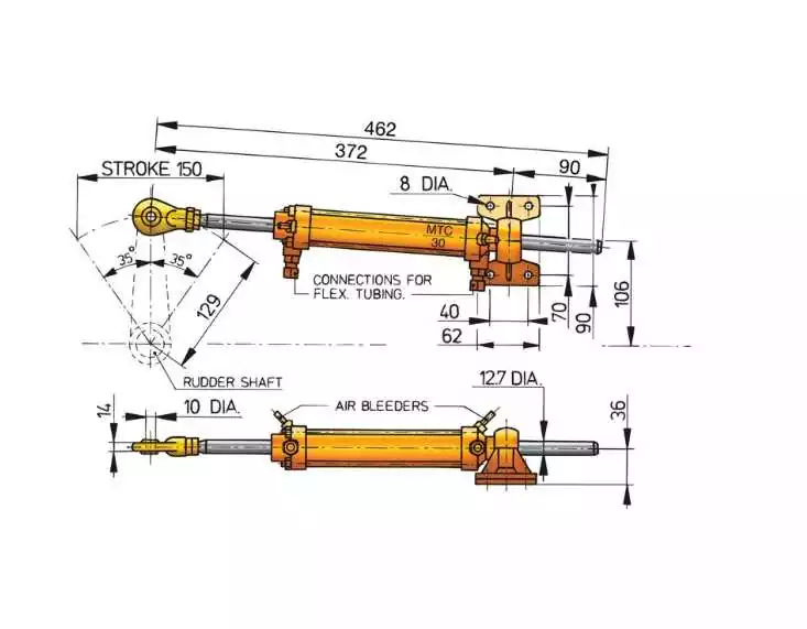 Vérin hydraulique VETUS MTC3008 – course 150 mm – raccordement tube Ø8 mm