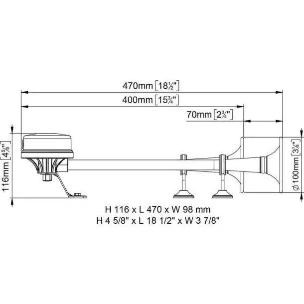 Avertisseur électrique 2 trompes 122dB EM1/2 Longueur 400/470mm 24V