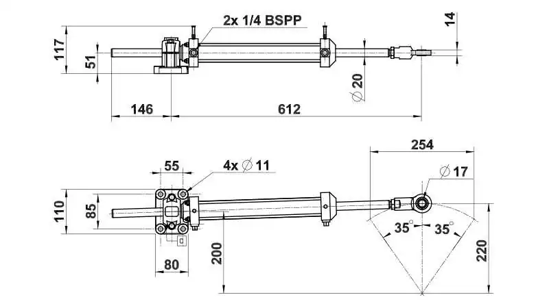 Vérin hydraulique VHM 40 DTP C254 moteur inboard jusqu’à 105 m.kg
