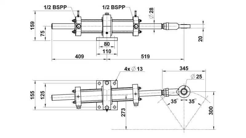 Vérin hydraulique VHM 63 DT C345 - APD moteur inboard jusqu’à 450 m.kg