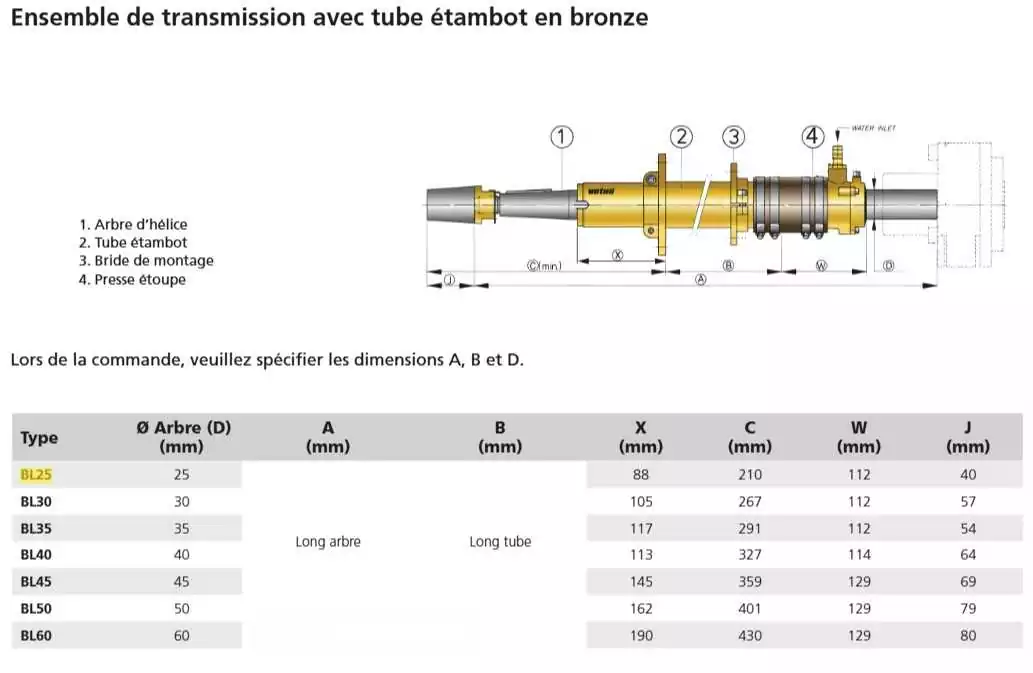 Tube d'étambot en bronze avec un palier diamètre 35 mm longueur 1 m