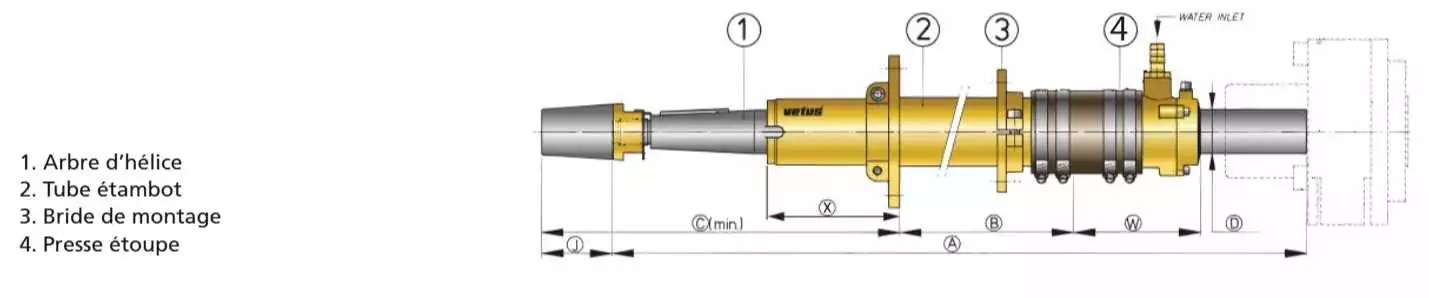 Tube d'étambot en bronze avec un palier diamètre 40 mm longueur 1 m