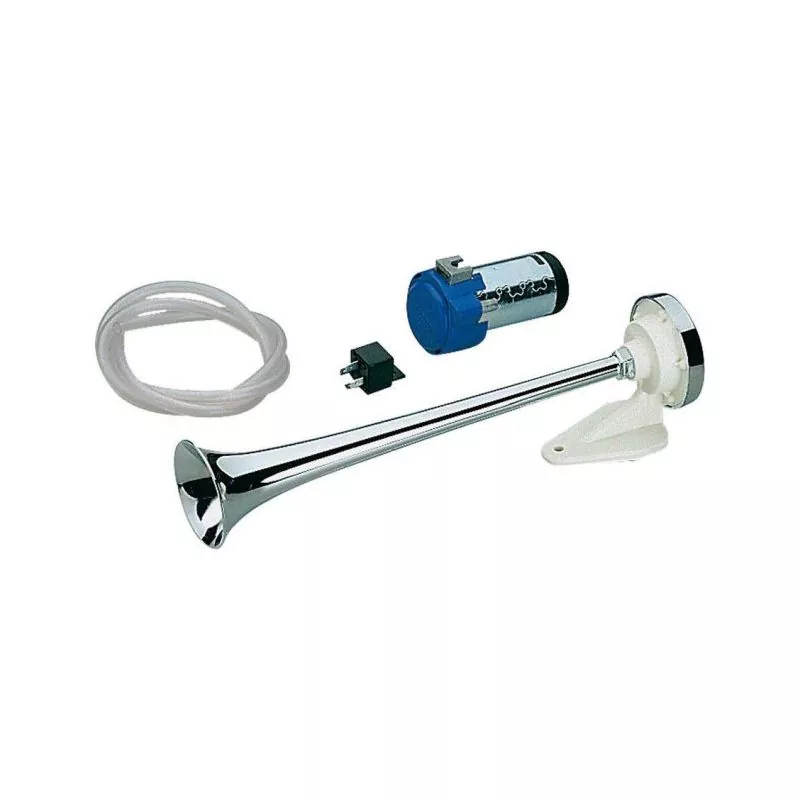 Klaxon air 1 trompe chromé 24V 9A 114 dB 326Hz Longueur 390mm électropneumatique Klaxon air 1 trompe chromé 24V 9A 114 dB 326Hz Longueur 390mm électropneumatique
