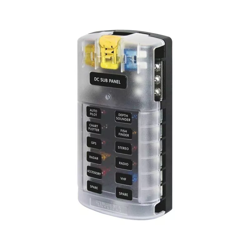 Tableau 12 fusibles verre enfichables bus négatif 6.3 x 32 mm de 1 à 40 Amps