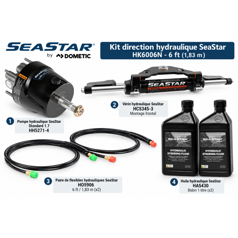 Kit direction hydraulique SeaStar 6 ft 1,83 m avec vérin HC5345-3