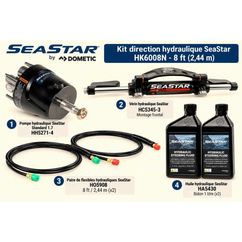 Kit direction hydraulique SeaStar 8 ft 2,44 m avec vérin HC5345-3